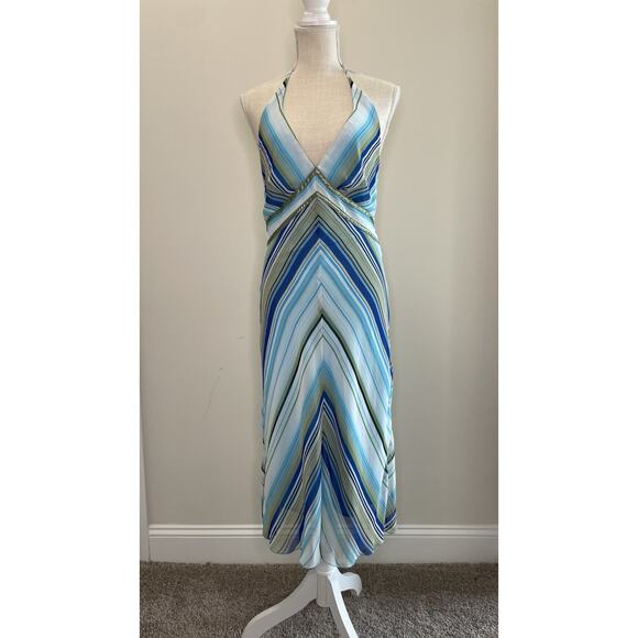 Vintage Y2K Rabbit Rabbit Rabbit Striped Lettuce Hem Midi Dress Sz 8 Halter - Picture 1 of 12